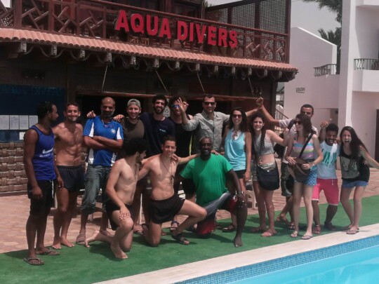 Divers and Dive Center Crew at the Hotel Pool